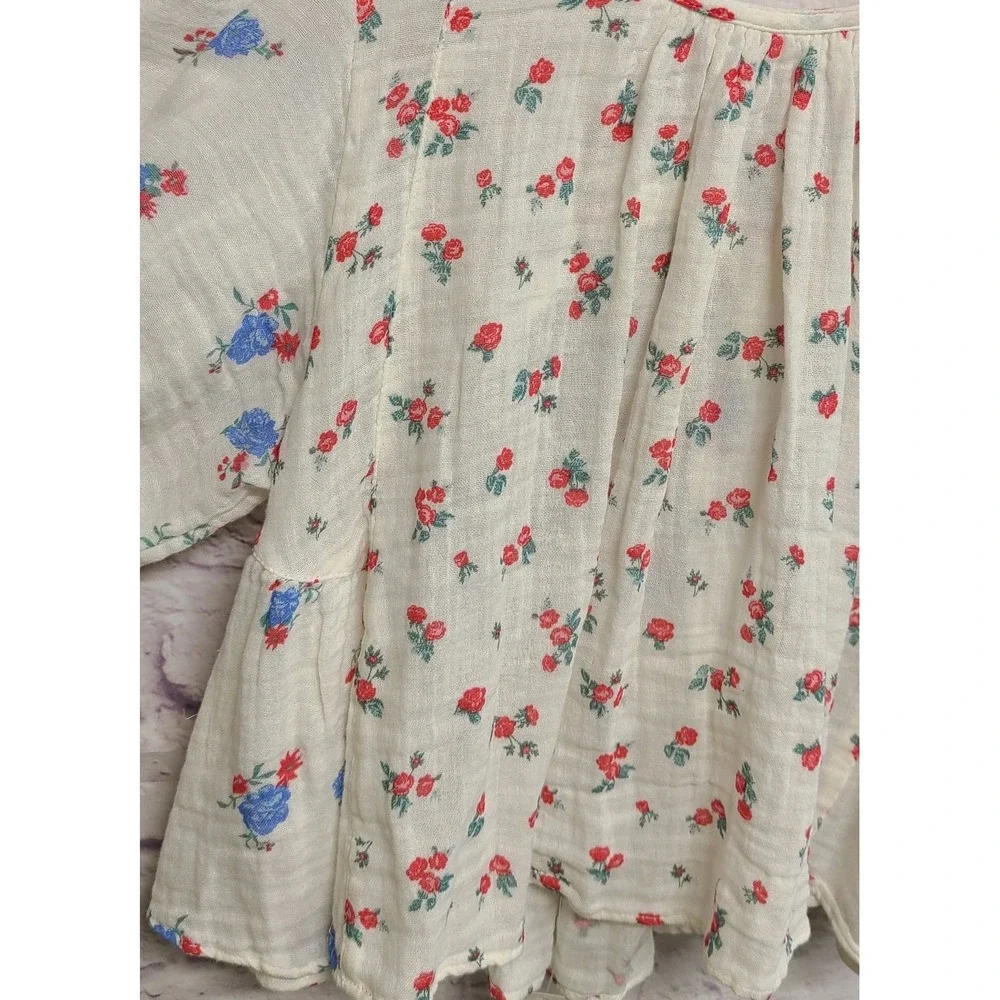 Free‎ People Floral Cotton Gauze Peplum Blouse Ivory Red Blue XS NEW WITH FLAW